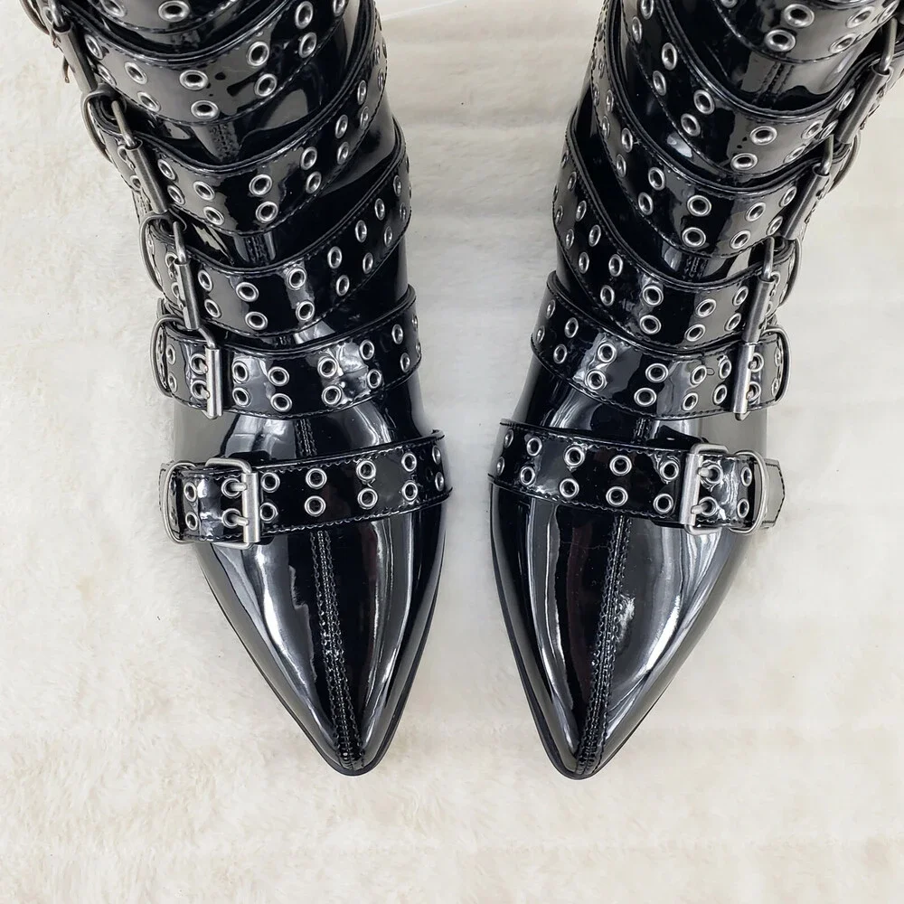 NIB DEMONIA Wicked Warlock 70 Multi Strap Winklepicker Ankle Boots Men's Patent